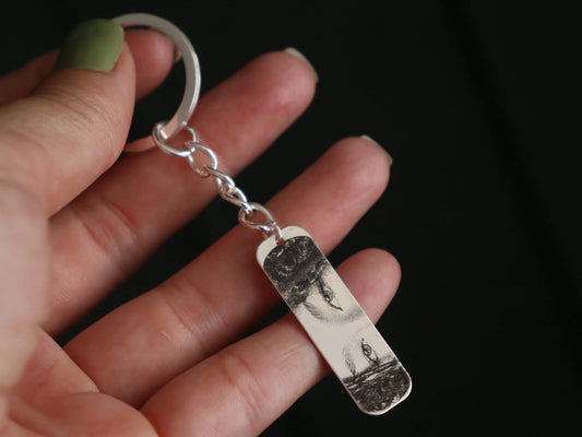 Personalized Eye or Photo Sketch Engraving Keychain - Silver Colour