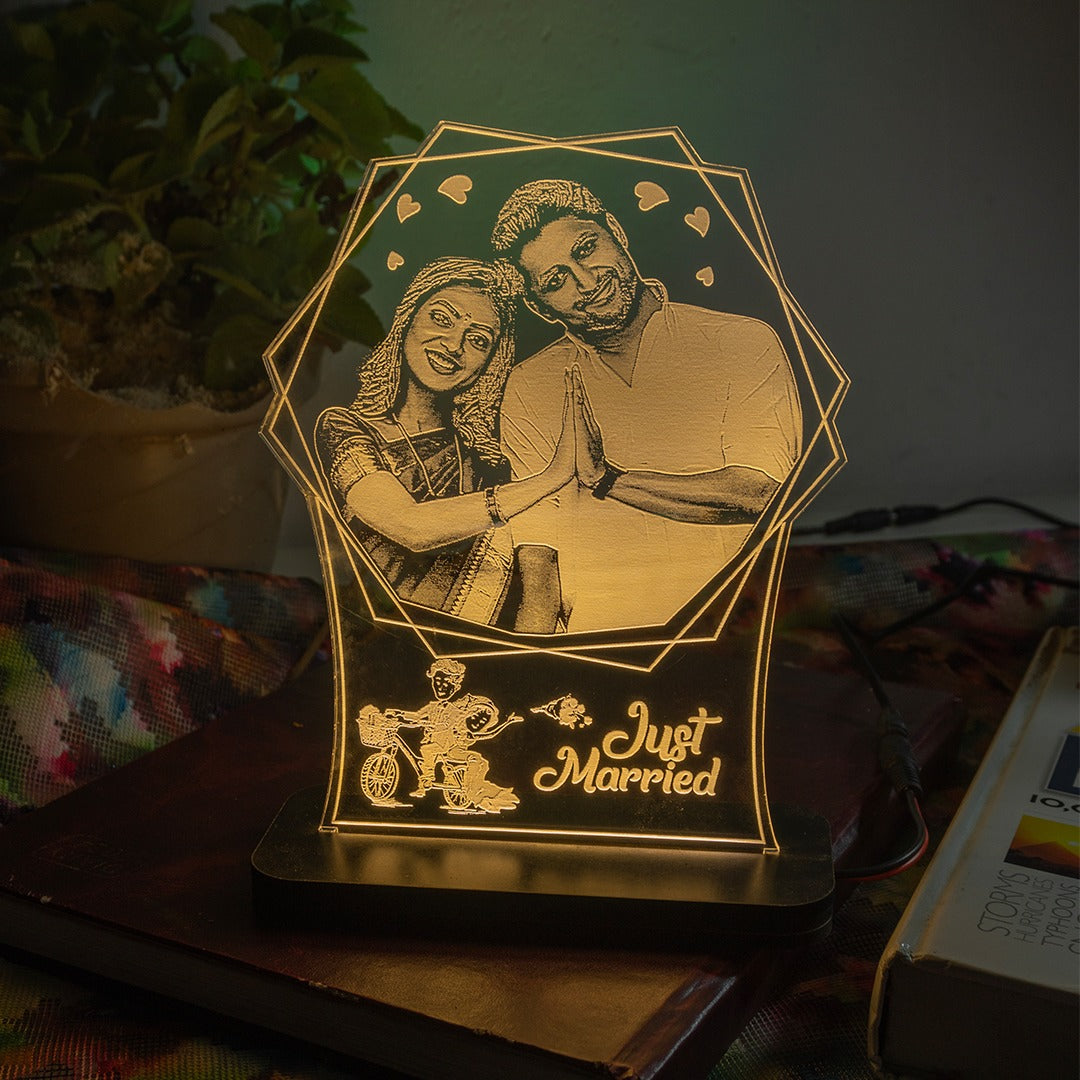 LED acrylic plaque with hexagon shape and couple photo for wedding gift