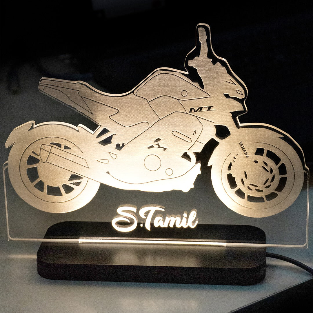 LED acrylic plaque with motorcycle engraving and personalized name