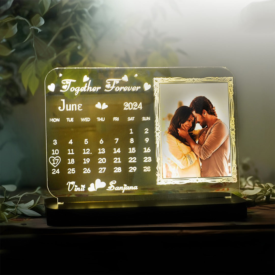 Custom LED acrylic photo calendar plaque with couple image and month display