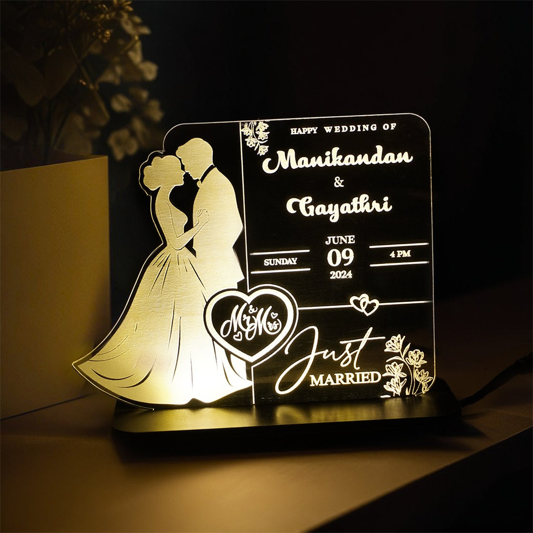 LED acrylic plaque with wedding couple silhouette and marriage details