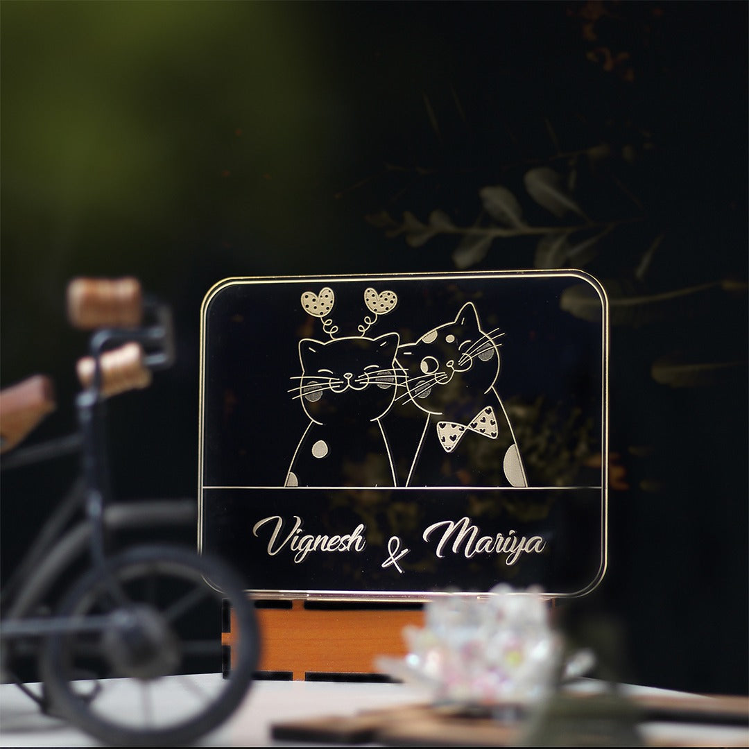 Cute LED acrylic cat couple name plaque with heart decorations