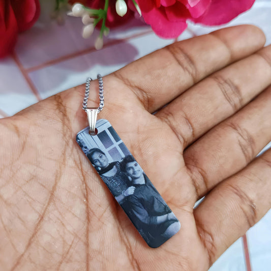 Personalized UV Laser Printed Necklace - Silver Colour - Black and White Print