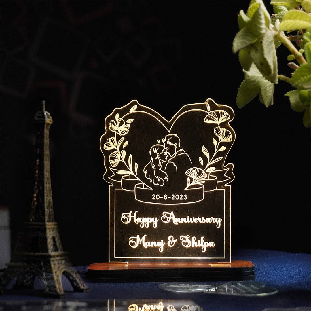 Custom LED acrylic plaque with heart shape and floral design for anniversary gift